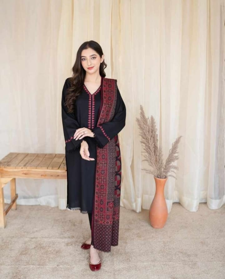 Aisling - Black Dhanak Embroidered With  Woolen Duppata DF-DH-32