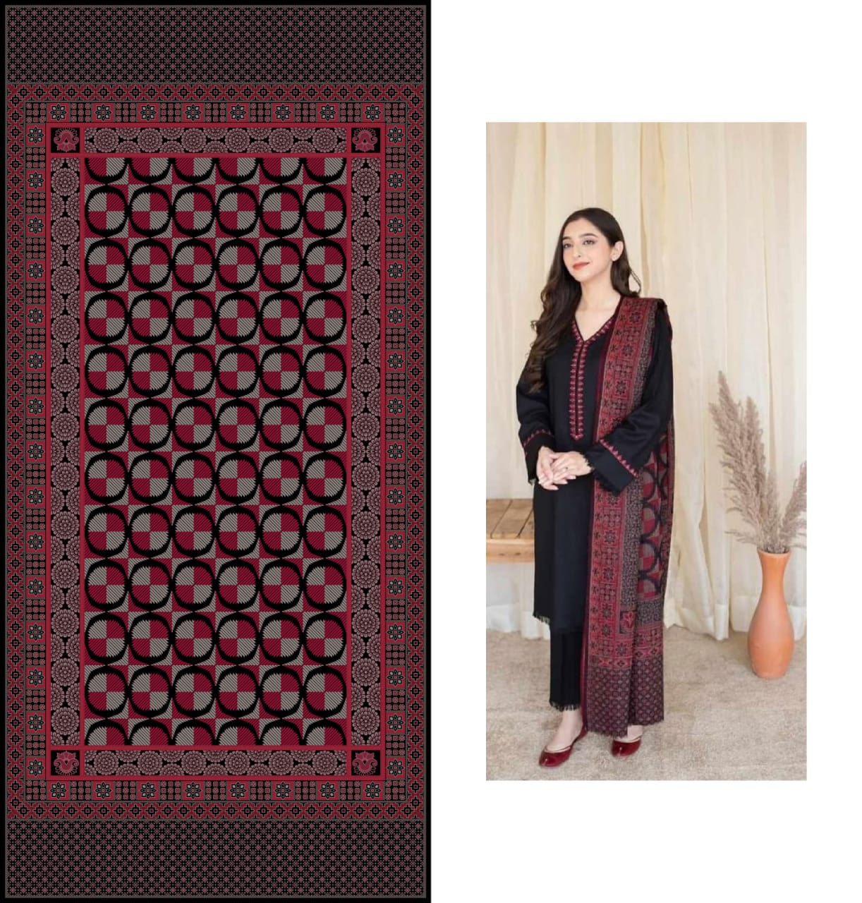 Aisling - Black Dhanak Embroidered With  Woolen Duppata DF-DH-32