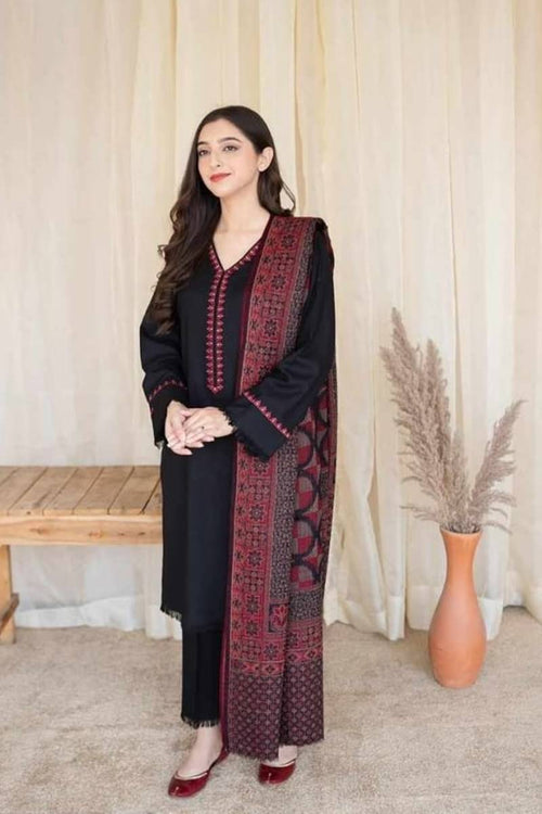 Aisling - Black Dhanak Embroidered With  Woolen Duppata
