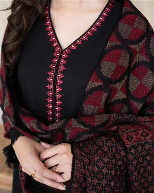 Aisling - Black Dhanak Embroidered With  Woolen Duppata
