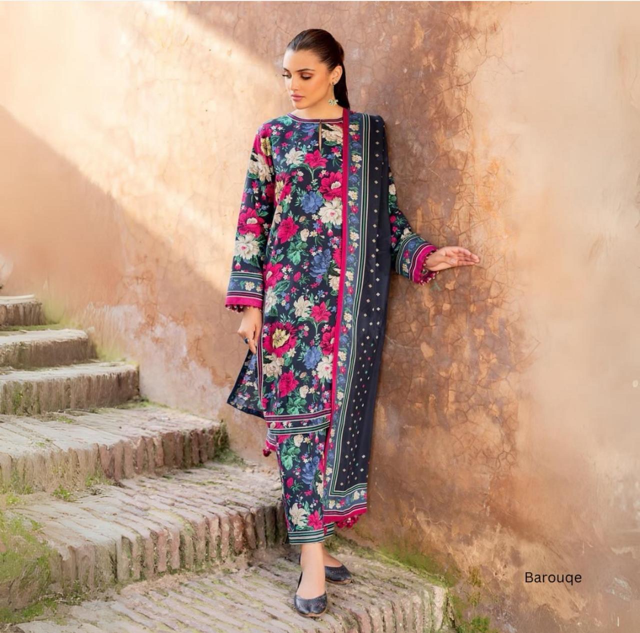 BAROQUE - 3PC Lawn Printed Shirt With Voile Printed Dupatta